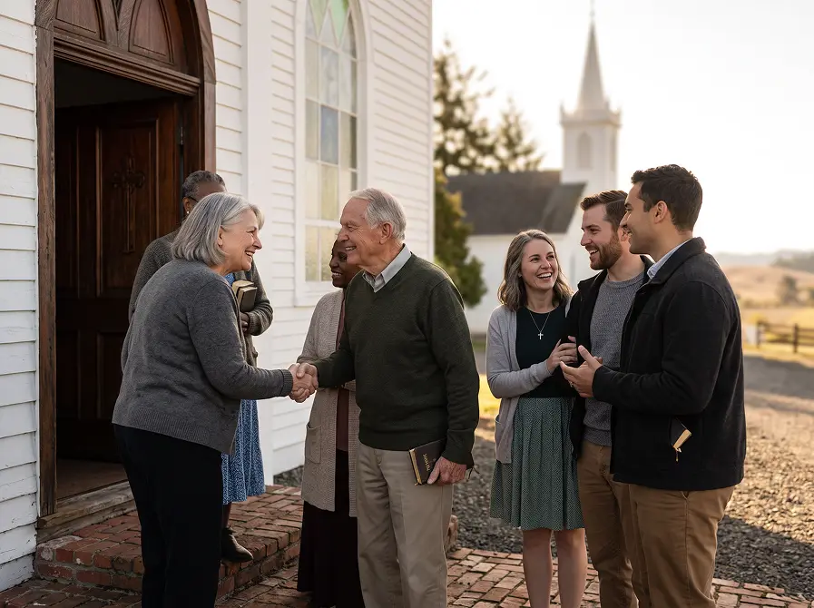 Nonprofit leaders shaking hands outside a building